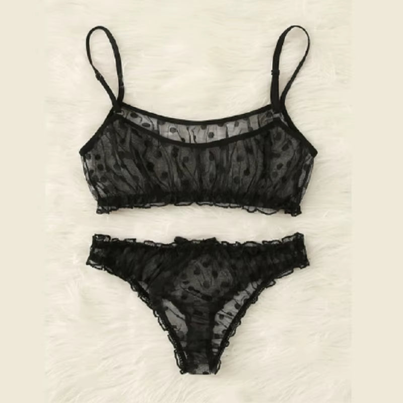 Sexy Ladies Bra Sets Polka Dot Mesh Sexy Lingerie Comfortable Thin Bra and Panty Set Ruffles Transparent Women'S Underwear Panty