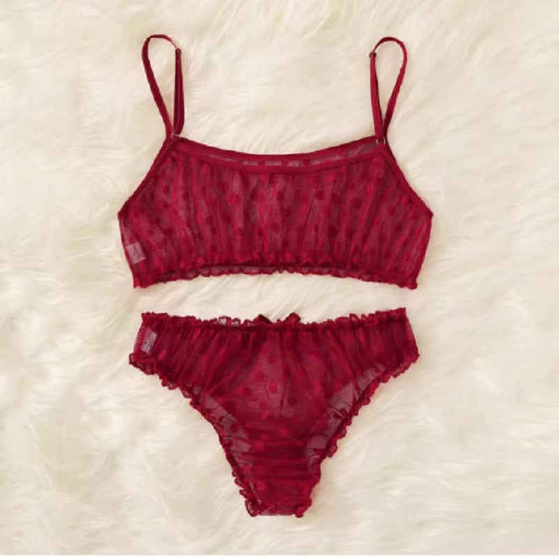 Sexy Ladies Bra Sets Polka Dot Mesh Sexy Lingerie Comfortable Thin Bra and Panty Set Ruffles Transparent Women'S Underwear Panty