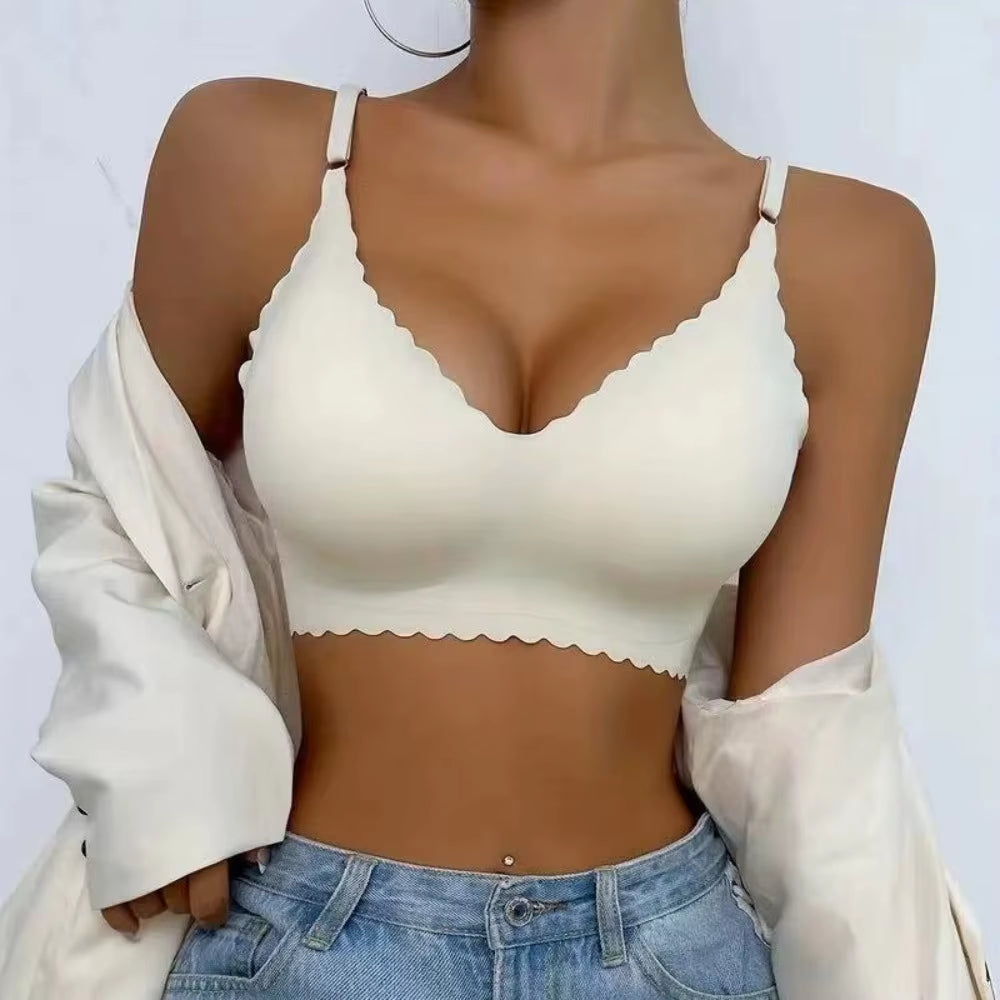 Hot Sale 6 Colors New Ice Silk Underwear Comfy Bra Wirefree Padded Wavy Edge Invisible Yoga Wear Ladies Bra Seamless Women Bra