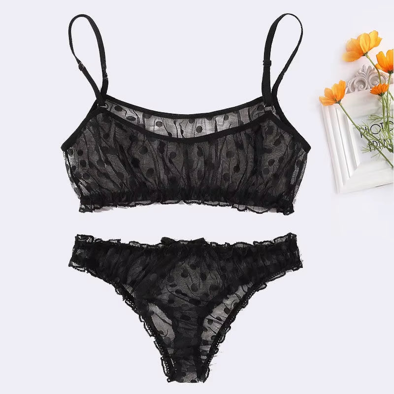 Sexy Ladies Bra Sets Polka Dot Mesh Sexy Lingerie Comfortable Thin Bra and Panty Set Ruffles Transparent Women'S Underwear Panty