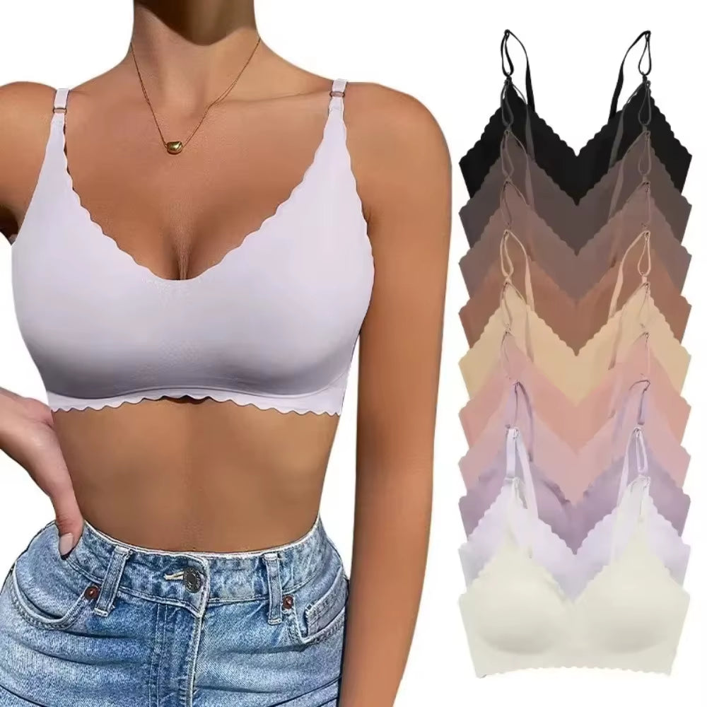 Hot Sale 6 Colors New Ice Silk Underwear Comfy Bra Wirefree Padded Wavy Edge Invisible Yoga Wear Ladies Bra Seamless Women Bra