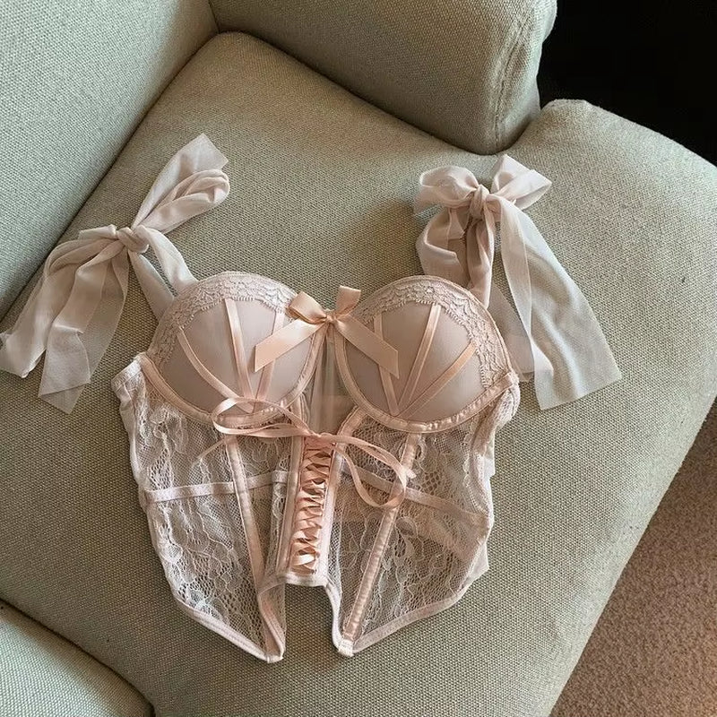 Sweet Sexy Ladies Bra Set Fishbone Corset Spicy Girl Lace Lingerie Strap Upholstery Gathered Type Thin Corset Women Bra Set