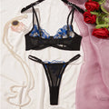 Ladies Sexy Black Lingerie Set Blue Embroidered Brassiere Thong Panties Women Translucent Bowknot Erotic Underwear Set Lenceria
