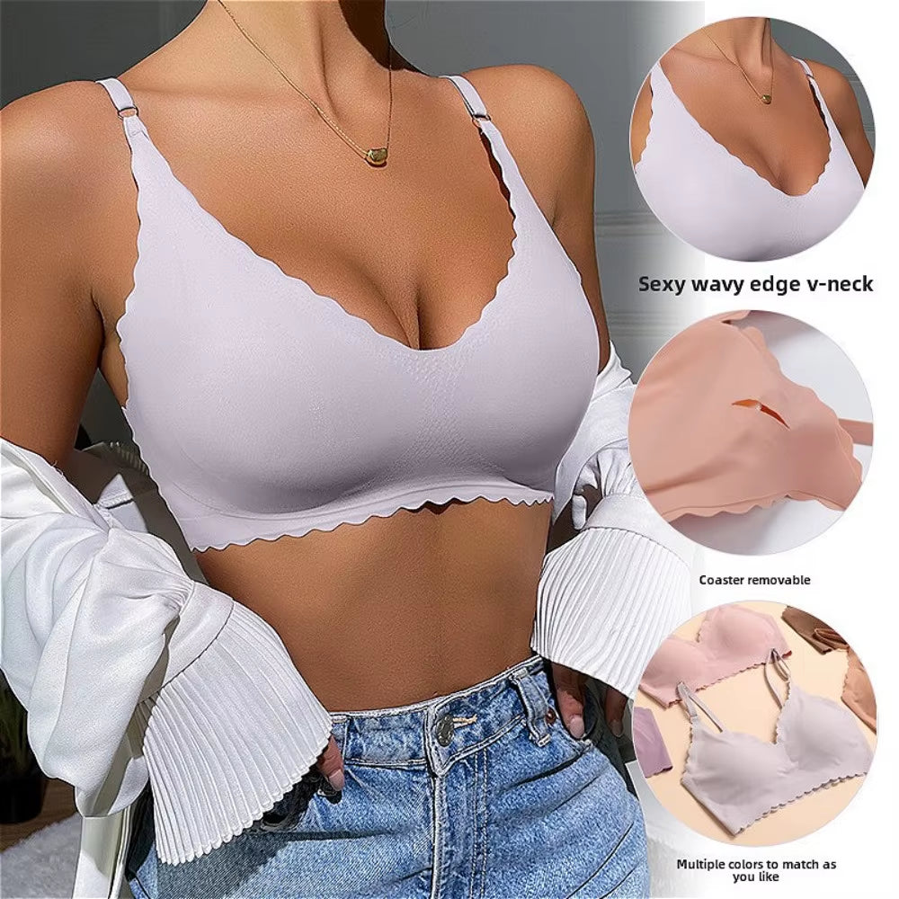 Hot Sale 6 Colors New Ice Silk Underwear Comfy Bra Wirefree Padded Wavy Edge Invisible Yoga Wear Ladies Bra Seamless Women Bra