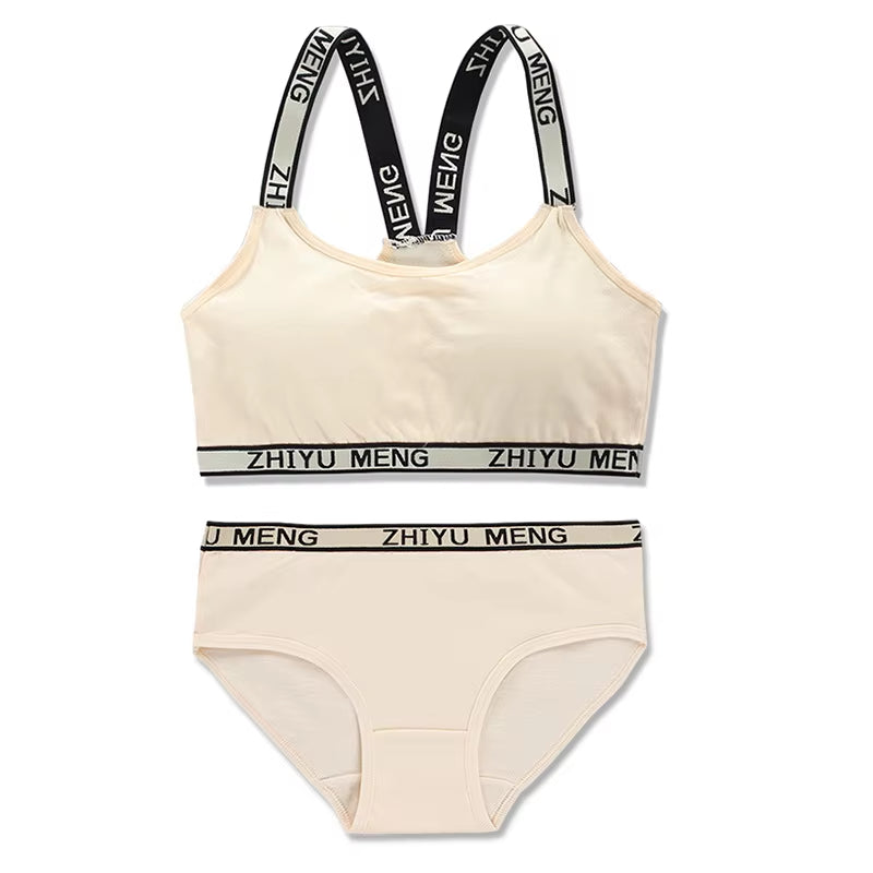 Cotton Girls Bra and Panty Sets Teenage Girls Cotton Padded Training Bra + Panties Kids Sports Bra Panties Underwear